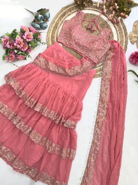Blush Pink Frill Saree in Faux Georgette Perfect for Luxe Evening Parties Ready To Wear Saree 