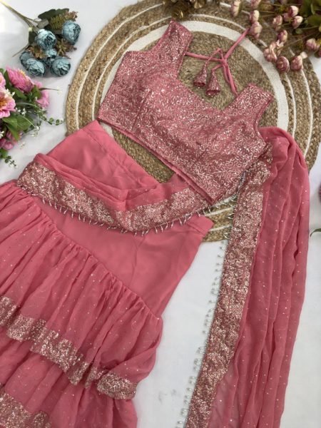 Blush Pink Frill Saree in Faux Georgette Perfect for Luxe Evening Parties Ready To Wear Saree 
