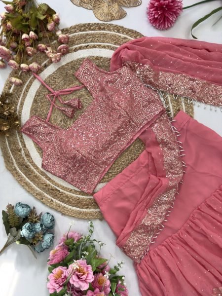 Blush Pink Frill Saree in Faux Georgette Perfect for Luxe Evening Parties Ready To Wear Saree 
