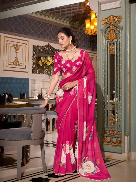 Blush Pink Georgette Saree with Floral Print & Pearl Lace Elegant Premium Drape Georgette Sarees Wholesale