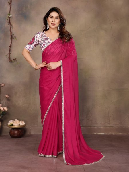 Blush Pink Mirror Embroidered Georgette Saree Festive Wear for Women Sarees 