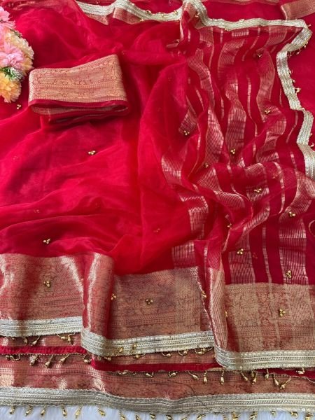 Blush Red Karwa Chauth Special Pure Tissue Silk Ghungroo Saree at Wholesale Rate Sarees 
