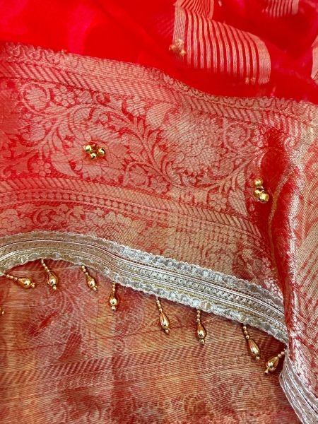 Blush Red Karwa Chauth Special Pure Tissue Silk Ghungroo Saree at Wholesale Rate Designer Wedding Sarees Wholesale