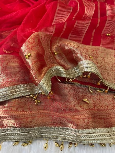 Blush Red Karwa Chauth Special Pure Tissue Silk Ghungroo Saree at Wholesale Rate Designer Wedding Sarees Wholesale