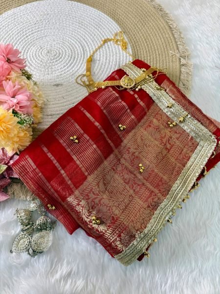 Blush Red Karwa Chauth Special Pure Tissue Silk Ghungroo Saree at Wholesale Rate Designer Wedding Sarees Wholesale