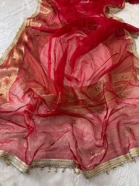 Blush Red Karwa Chauth Special Pure Tissue Silk Ghungroo Saree at Wholesale Rate Designer Wedding Sarees Wholesale