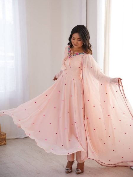 Bohemian Baby Pink Anarkali Suit with Thread Embroidery and Micro Cotton Pant For Festival Ready To Wear Suit