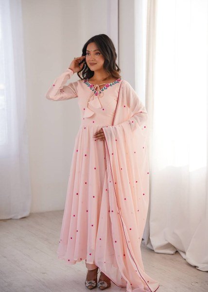 Bohemian Baby Pink Anarkali Suit with Thread Embroidery and Micro Cotton Pant For Festival Ready To Wear Collection