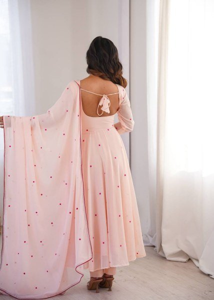 Bohemian Baby Pink Anarkali Suit with Thread Embroidery and Micro Cotton Pant For Festival Ready To Wear Collection