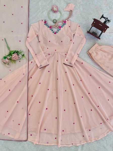 Bohemian Baby Pink Anarkali Suit with Thread Embroidery and Micro Cotton Pant For Festival Ready To Wear Collection