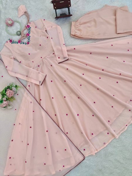 Bohemian Baby Pink Anarkali Suit with Thread Embroidery and Micro Cotton Pant For Festival Ready To Wear Collection