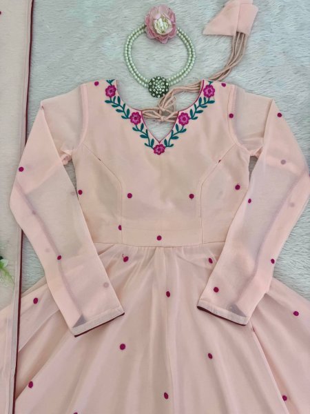 Bohemian Baby Pink Anarkali Suit with Thread Embroidery and Micro Cotton Pant For Festival Ready To Wear Collection
