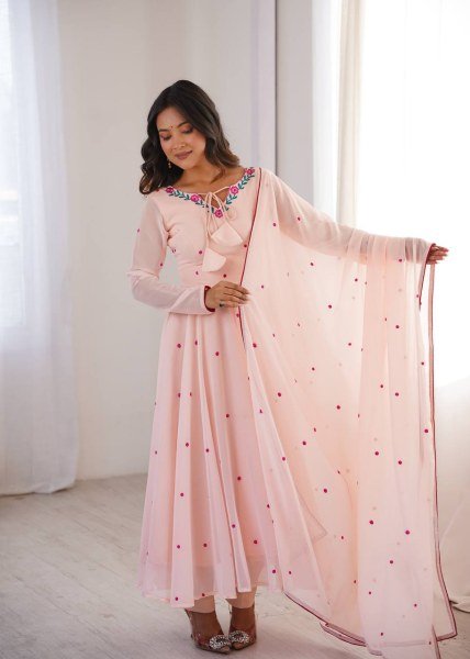 Bohemian Baby Pink Anarkali Suit with Thread Embroidery and Micro Cotton Pant For Festival Ready To Wear Collection