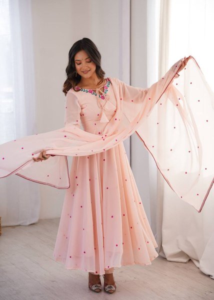 Bohemian Baby Pink Anarkali Suit with Thread Embroidery and Micro Cotton Pant For Festival Ready To Wear Collection