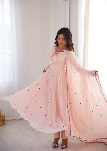Bohemian Baby Pink Anarkali Suit with Thread Embroidery and Micro Cotton Pant For Festival Ready To Wear Collection
