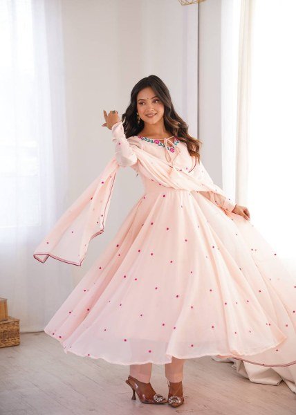 Bohemian Baby Pink Anarkali Suit with Thread Embroidery and Micro Cotton Pant For Festival Ready To Wear Collection