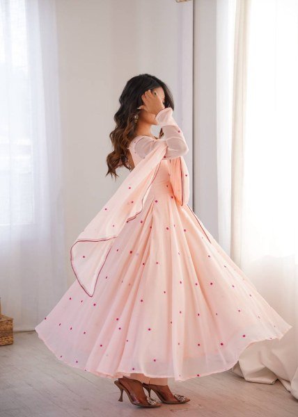 Bohemian Baby Pink Anarkali Suit with Thread Embroidery and Micro Cotton Pant For Festival Ready To Wear Collection