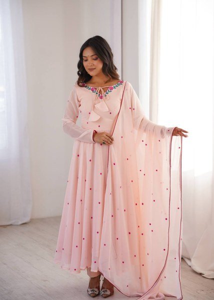 Bohemian Baby Pink Anarkali Suit with Thread Embroidery and Micro Cotton Pant For Festival Ready To Wear Collection