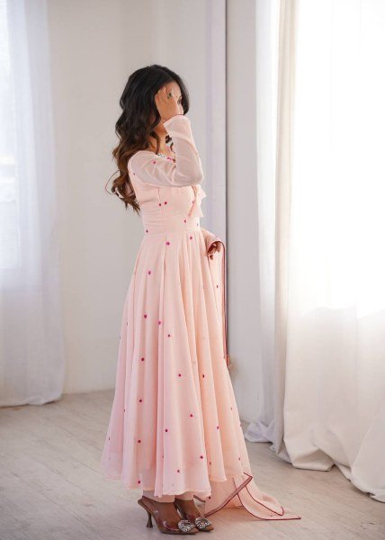 Bohemian Baby Pink Anarkali Suit with Thread Embroidery and Micro Cotton Pant For Festival Ready To Wear Collection