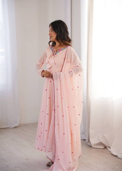 Bohemian Baby Pink Anarkali Suit with Thread Embroidery and Micro Cotton Pant For Festival Ready To Wear Collection