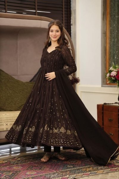 Bohemian Black Georgette Embroidered Kali Cut Suit with Dupatta for Party Wear Ready To Wear Collection