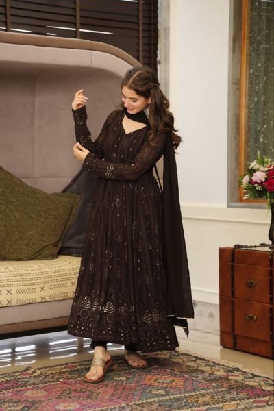 Bohemian Black Georgette Embroidered Kali Cut Suit with Dupatta for Party Wear Ready To Wear Collection