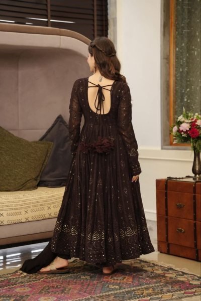 Bohemian Black Georgette Embroidered Kali Cut Suit with Dupatta for Party Wear Ready To Wear Collection