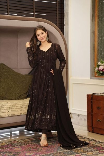 Bohemian Black Georgette Embroidered Kali Cut Suit with Dupatta for Party Wear Ready To Wear Collection