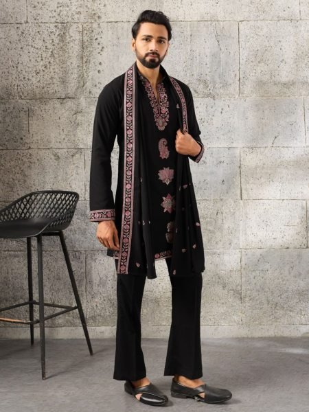 Bohemian Black Men's Japanese Kurta Dupatta Set with Sequins Work For Party 
