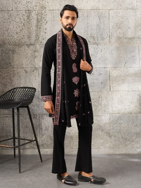 Bohemian Black Men's Japanese Kurta Dupatta Set with Sequins Work For Party Mens Short Kurta