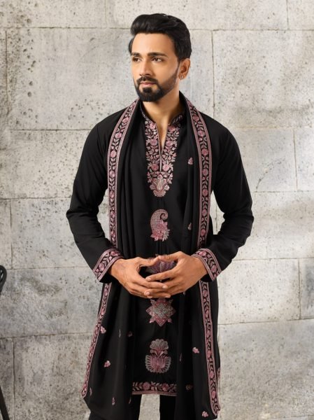 Bohemian Black Men's Japanese Kurta Dupatta Set with Sequins Work For Party Mens Short Kurta