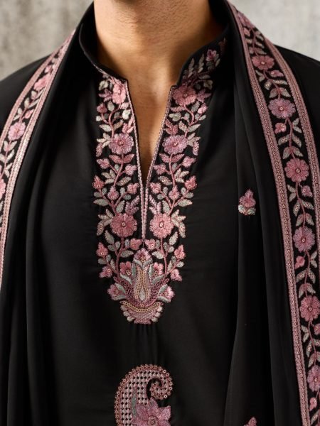 Bohemian Black Men's Japanese Kurta Dupatta Set with Sequins Work For Party Mens Short Kurta