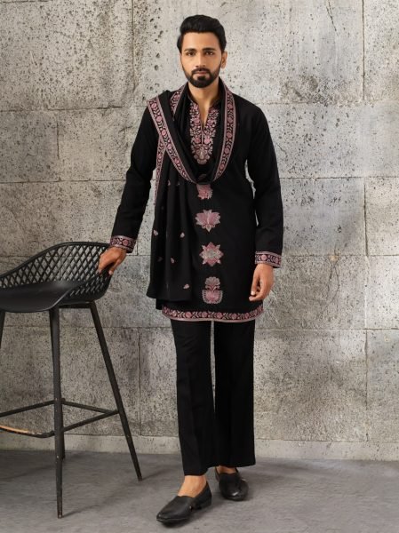 Bohemian Black Men's Japanese Kurta Dupatta Set with Sequins Work For Party Mens Short Kurta