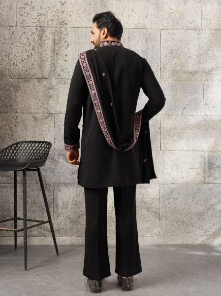 Bohemian Black Men's Japanese Kurta Dupatta Set with Sequins Work For Party Mens Short Kurta