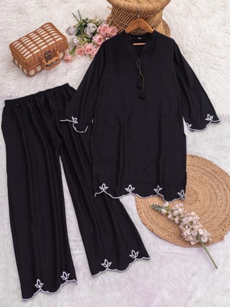 Bohemian Black Premium Viscose Rayon Embroidered Kurta Pant Set for Women CO ORD Sets
