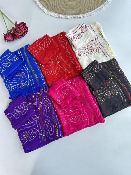 Bohemian Black Pure Moss Crepe Bandhej Saree with Original Mirror Work and Designer Tassels Bandhej Sarees Wholesale