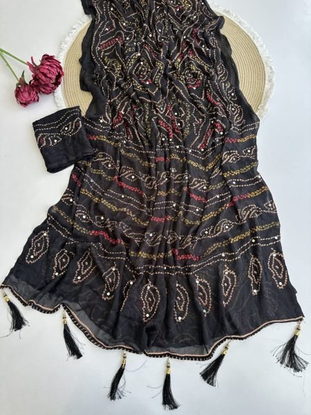 Bohemian Black Pure Moss Crepe Bandhej Saree with Original Mirror Work and Designer Tassels Bandhej Sarees Wholesale