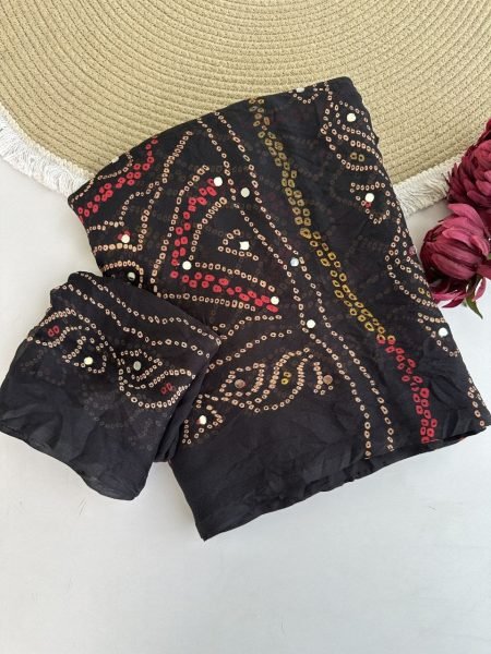 Bohemian Black Pure Moss Crepe Bandhej Saree with Original Mirror Work and Designer Tassels Bandhej Sarees Wholesale