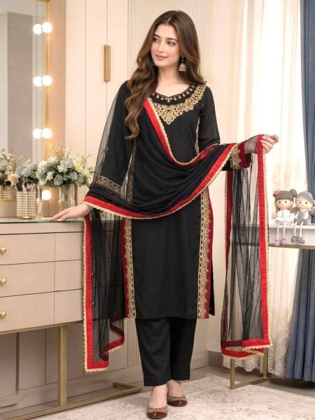 Bohemian Black Pure Mul Chanderi Kurti Palazzo Set with Embroidery Work and Nazmin Lace Border Dupatta Ready To Wear Suit