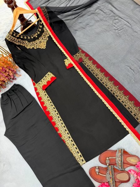 Bohemian Black Pure Mul Chanderi Kurti Palazzo Set with Embroidery Work and Nazmin Lace Border Dupatta Ready To Wear Collection