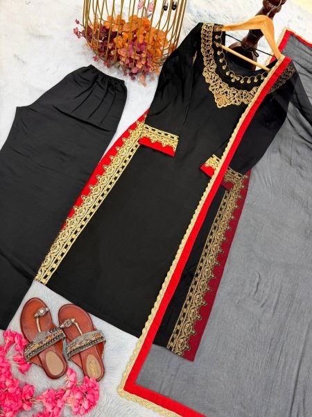 Bohemian Black Pure Mul Chanderi Kurti Palazzo Set with Embroidery Work and Nazmin Lace Border Dupatta Ready To Wear Collection