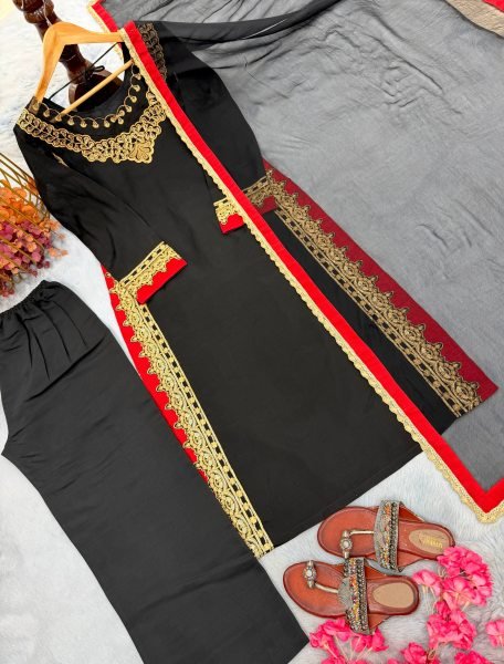 Bohemian Black Pure Mul Chanderi Kurti Palazzo Set with Embroidery Work and Nazmin Lace Border Dupatta Ready To Wear Collection