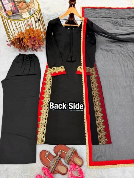 Bohemian Black Pure Mul Chanderi Kurti Palazzo Set with Embroidery Work and Nazmin Lace Border Dupatta Ready To Wear Collection