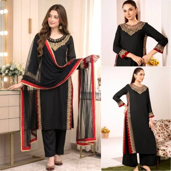 Bohemian Black Pure Mul Chanderi Kurti Palazzo Set with Embroidery Work and Nazmin Lace Border Dupatta Ready To Wear Collection