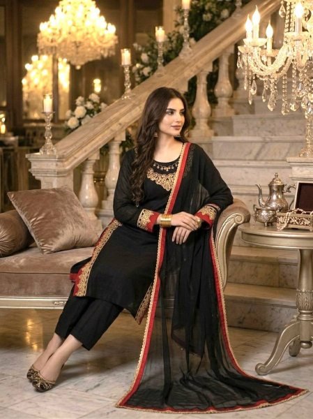 Bohemian Black Pure Mul Chanderi Kurti Palazzo Set with Embroidery Work and Nazmin Lace Border Dupatta Ready To Wear Collection