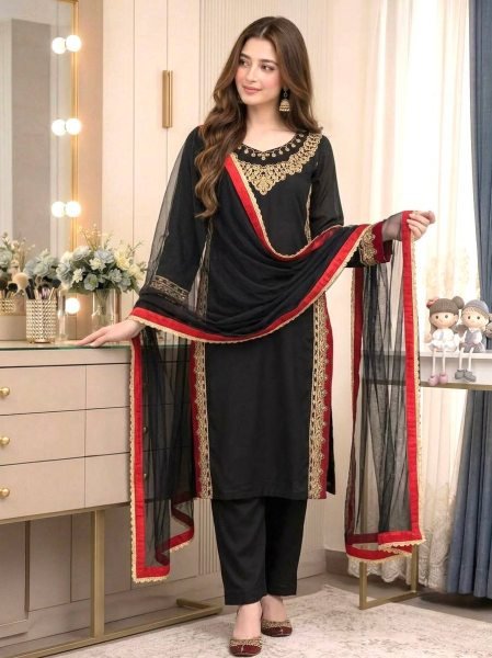 Bohemian Black Pure Mul Chanderi Kurti Palazzo Set with Embroidery Work and Nazmin Lace Border Dupatta Ready To Wear Collection