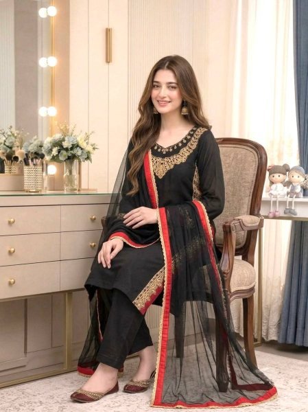 Bohemian Black Pure Mul Chanderi Kurti Palazzo Set with Embroidery Work and Nazmin Lace Border Dupatta Ready To Wear Collection