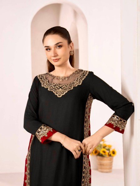 Bohemian Black Pure Mul Chanderi Kurti Palazzo Set with Embroidery Work and Nazmin Lace Border Dupatta Ready To Wear Collection