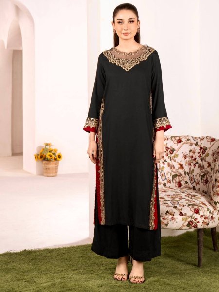 Bohemian Black Pure Mul Chanderi Kurti Palazzo Set with Embroidery Work and Nazmin Lace Border Dupatta Ready To Wear Collection