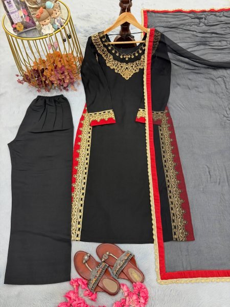 Bohemian Black Pure Mul Chanderi Kurti Palazzo Set with Embroidery Work and Nazmin Lace Border Dupatta Ready To Wear Collection
